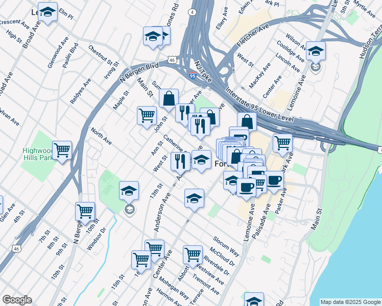 map of restaurants, bars, coffee shops, grocery stores, and more near in Fort Lee