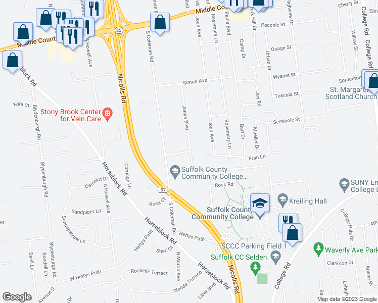 map of restaurants, bars, coffee shops, grocery stores, and more near 65 McNeil Avenue in Centereach