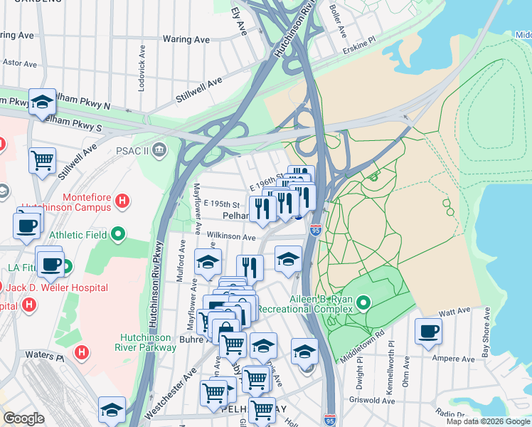 map of restaurants, bars, coffee shops, grocery stores, and more near 2025 Continental Avenue in Bronx