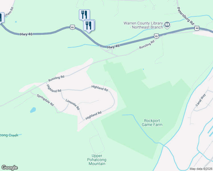 map of restaurants, bars, coffee shops, grocery stores, and more near 31 Highland Road in Hackettstown