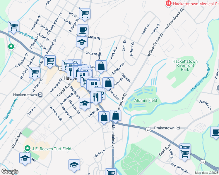 map of restaurants, bars, coffee shops, grocery stores, and more near 131 Maple Avenue in Hackettstown
