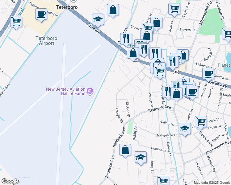 map of restaurants, bars, coffee shops, grocery stores, and more near 101 Franklin Street in Little Ferry
