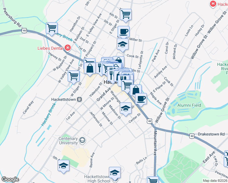 map of restaurants, bars, coffee shops, grocery stores, and more near 210 Washington Street in Hackettstown