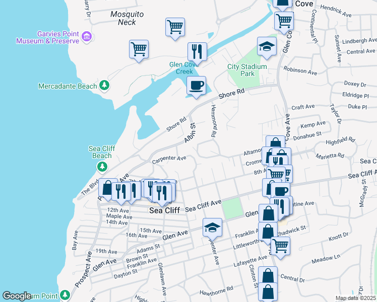 map of restaurants, bars, coffee shops, grocery stores, and more near 101 Carpenter Avenue in Sea Cliff