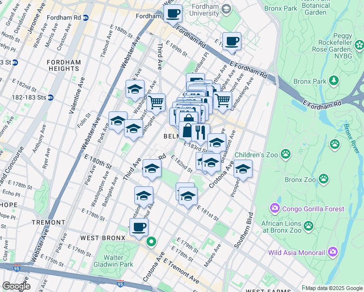 map of restaurants, bars, coffee shops, grocery stores, and more near in Bronx