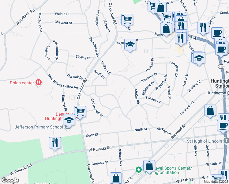 map of restaurants, bars, coffee shops, grocery stores, and more near 4 Bergen Court in Huntington Station