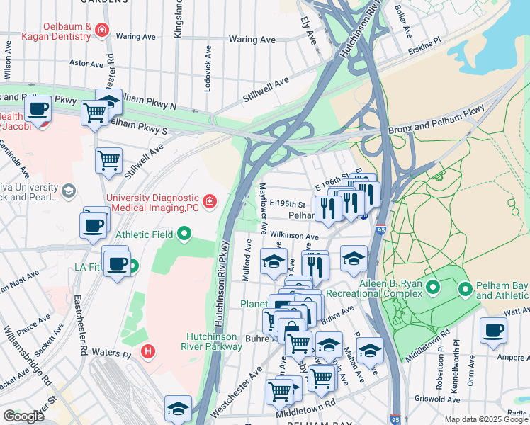 map of restaurants, bars, coffee shops, grocery stores, and more near 2844 East 194th Street in Bronx