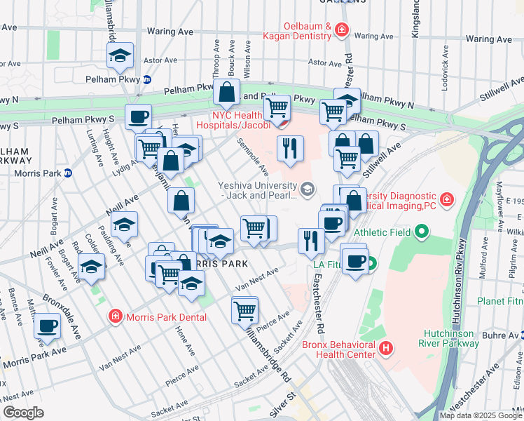 map of restaurants, bars, coffee shops, grocery stores, and more near 1766 Seminole Avenue in Bronx
