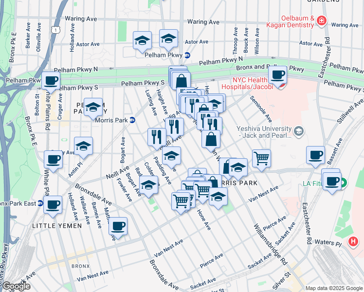 map of restaurants, bars, coffee shops, grocery stores, and more near 1943 Haight Avenue in Bronx