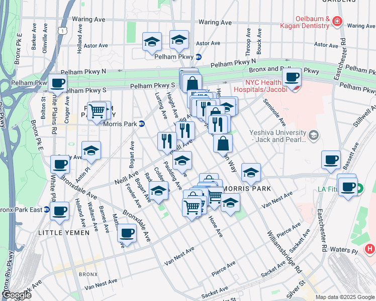 map of restaurants, bars, coffee shops, grocery stores, and more near in Bronx