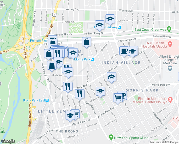 map of restaurants, bars, coffee shops, grocery stores, and more near 939 Brady Avenue in Bronx