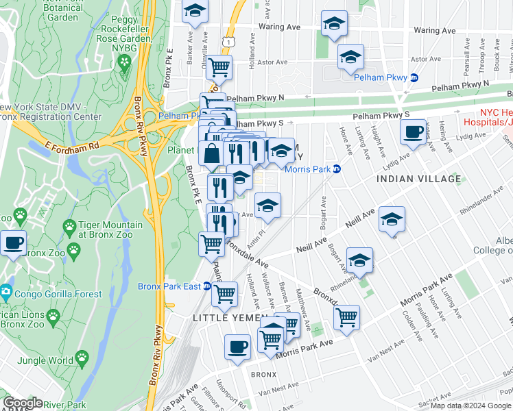 map of restaurants, bars, coffee shops, grocery stores, and more near in The Bronx