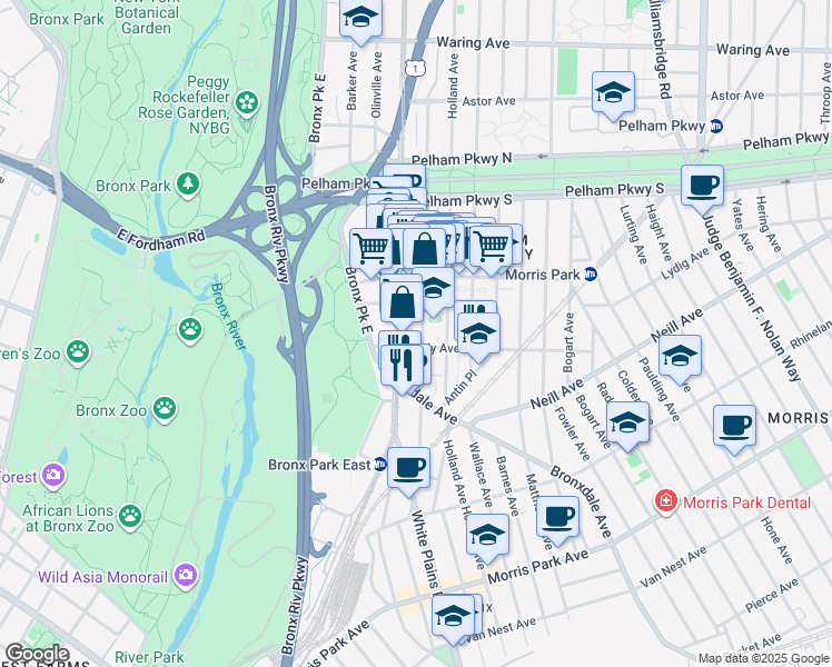 map of restaurants, bars, coffee shops, grocery stores, and more near 2072 White Plains Road in Bronx