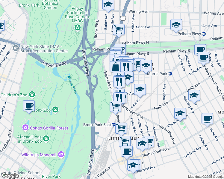 map of restaurants, bars, coffee shops, grocery stores, and more near in The Bronx