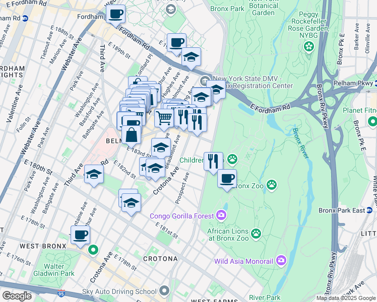 map of restaurants, bars, coffee shops, grocery stores, and more near 2315 Crotona Avenue in Bronx