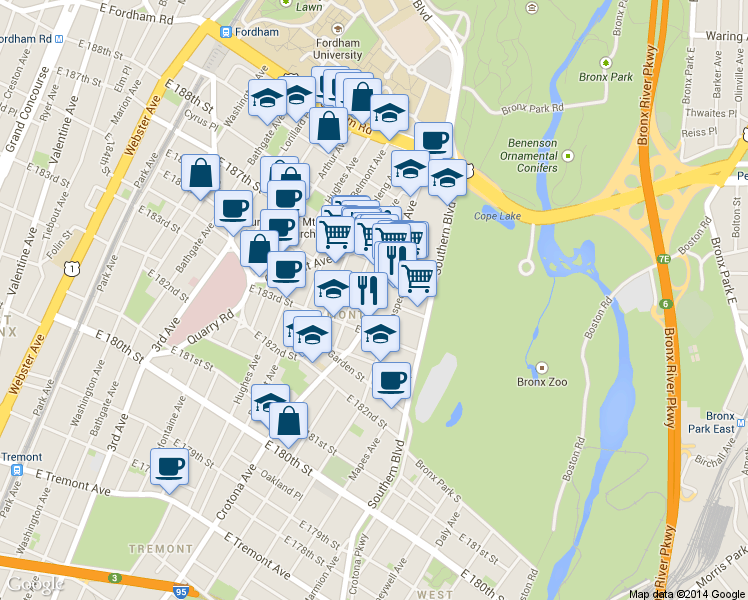 map of restaurants, bars, coffee shops, grocery stores, and more near in The Bronx