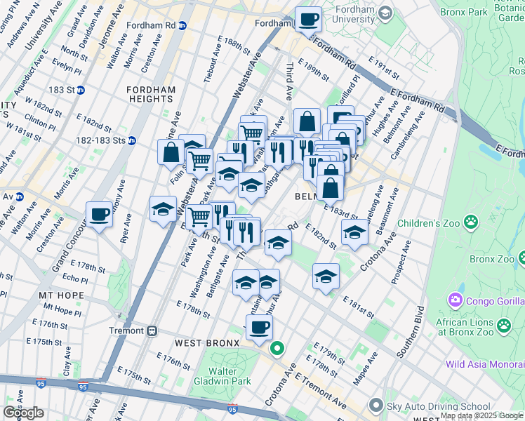 map of restaurants, bars, coffee shops, grocery stores, and more near 4441 3rd Avenue in The Bronx
