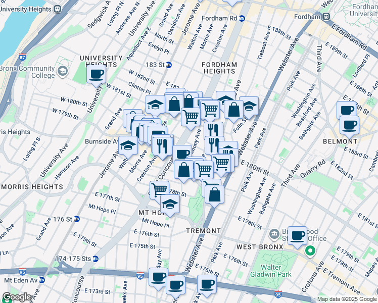 map of restaurants, bars, coffee shops, grocery stores, and more near 2060 Anthony Avenue in Bronx