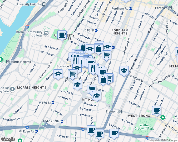 map of restaurants, bars, coffee shops, grocery stores, and more near in The Bronx