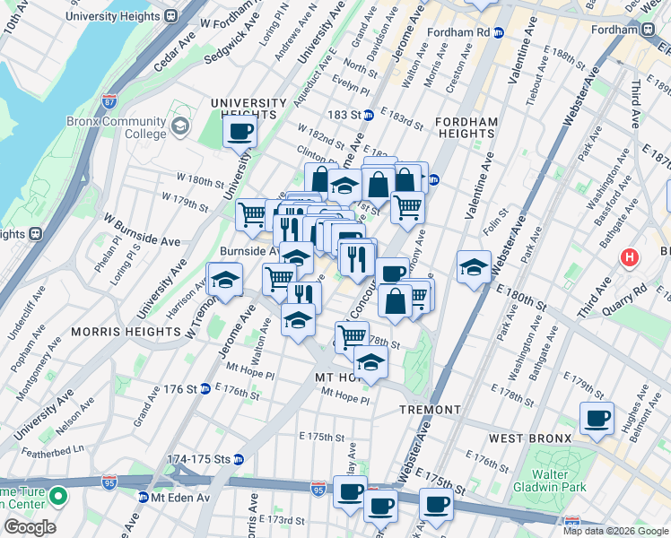 map of restaurants, bars, coffee shops, grocery stores, and more near in The Bronx