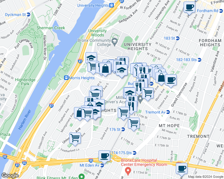 map of restaurants, bars, coffee shops, grocery stores, and more near 1852 Andrews Avenue South in Bronx