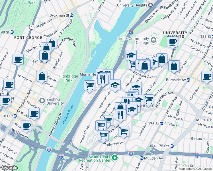 map of restaurants, bars, coffee shops, grocery stores, and more near 1808 Cedar Avenue in Bronx