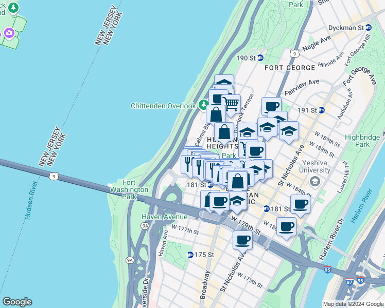 map of restaurants, bars, coffee shops, grocery stores, and more near 131 Cabrini Boulevard in New York