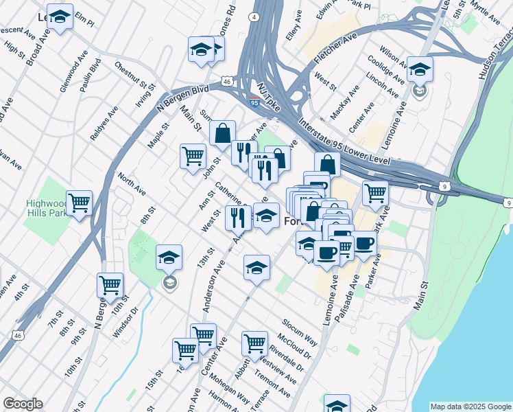 map of restaurants, bars, coffee shops, grocery stores, and more near in Fort Lee