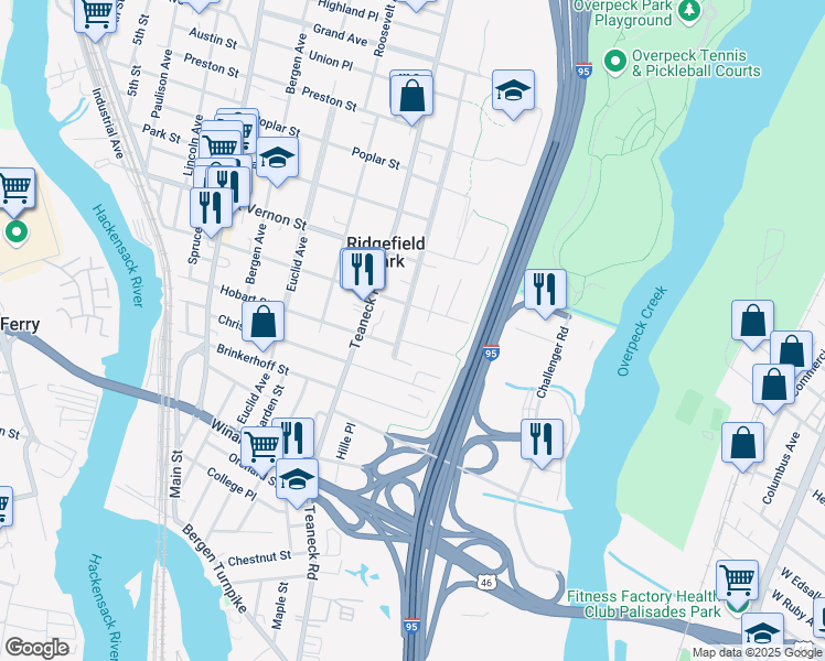 map of restaurants, bars, coffee shops, grocery stores, and more near 182 Hobart Street in Ridgefield Park