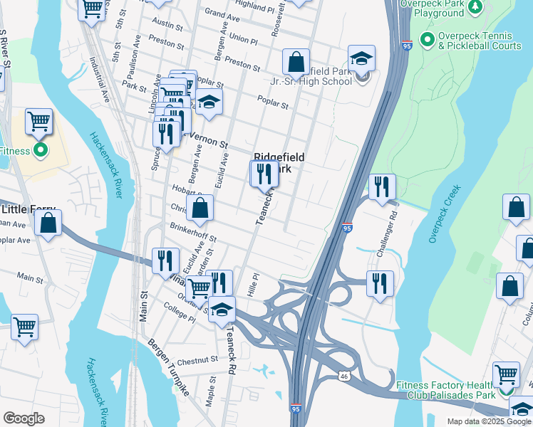 map of restaurants, bars, coffee shops, grocery stores, and more near 162 Hobart Street in Ridgefield Park