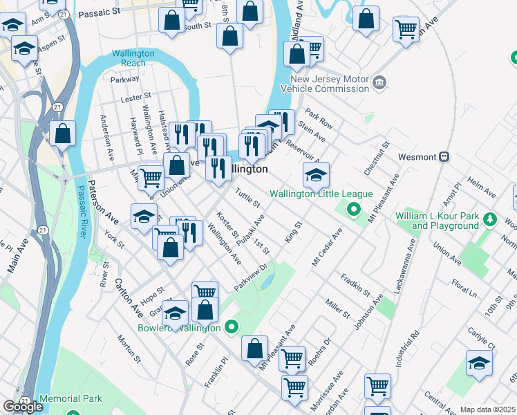 map of restaurants, bars, coffee shops, grocery stores, and more near 227 Hathaway Street in Wallington