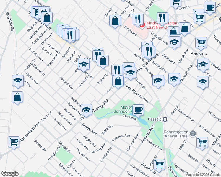 map of restaurants, bars, coffee shops, grocery stores, and more near 415 Howe Avenue in Passaic