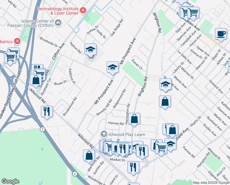 map of restaurants, bars, coffee shops, grocery stores, and more near 63 Ridgewood Road in Clifton