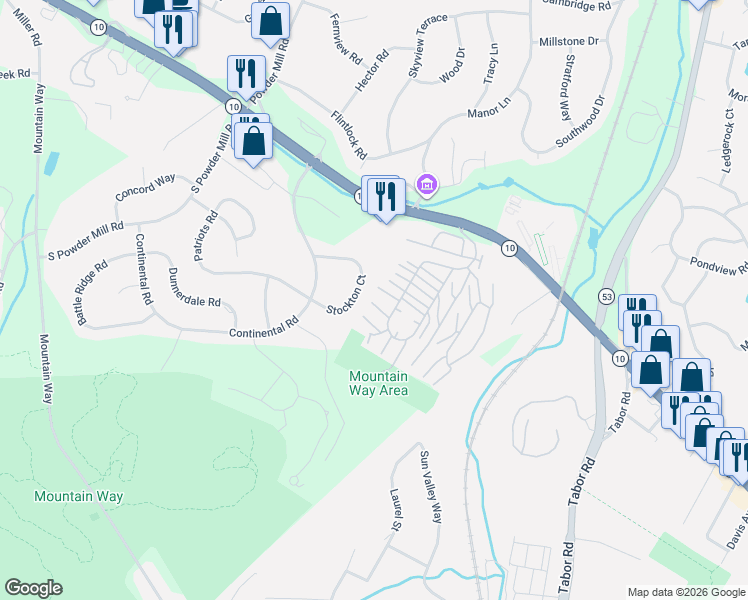 map of restaurants, bars, coffee shops, grocery stores, and more near 68 Stockton Court in Morris Plains