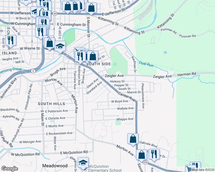 map of restaurants, bars, coffee shops, grocery stores, and more near 606 Pennsylvania 356 in Butler