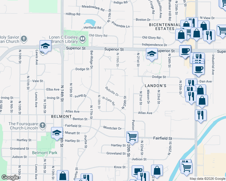 map of restaurants, bars, coffee shops, grocery stores, and more near 4149 Bellville Drive in Lincoln