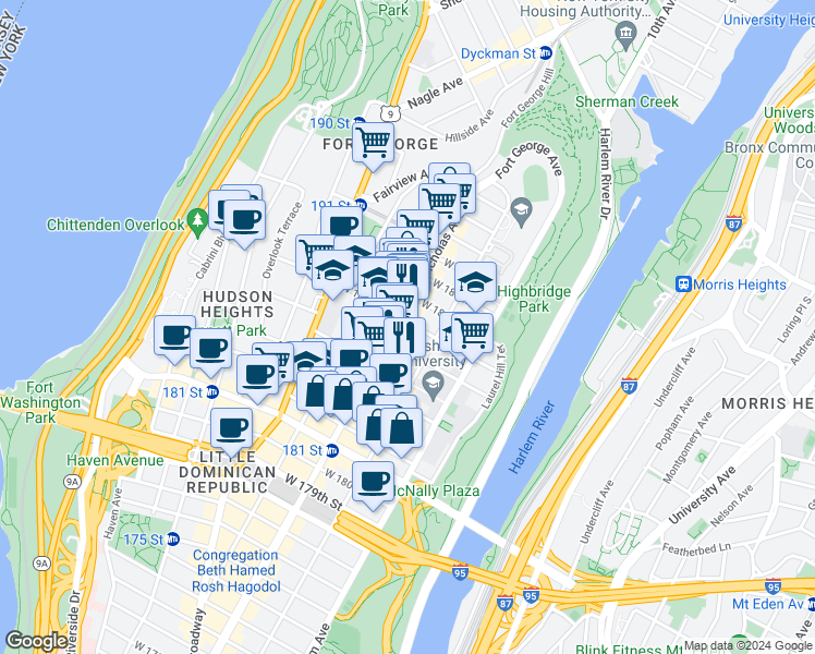 map of restaurants, bars, coffee shops, grocery stores, and more near 590 West 187th Street in New York