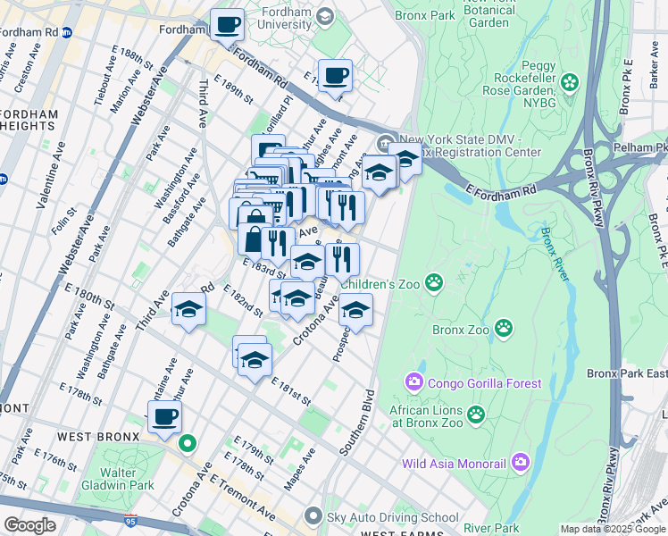 map of restaurants, bars, coffee shops, grocery stores, and more near 2307 Beaumont Avenue in Bronx