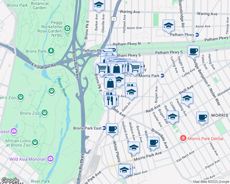 map of restaurants, bars, coffee shops, grocery stores, and more near 2072 White Plains Road in Bronx