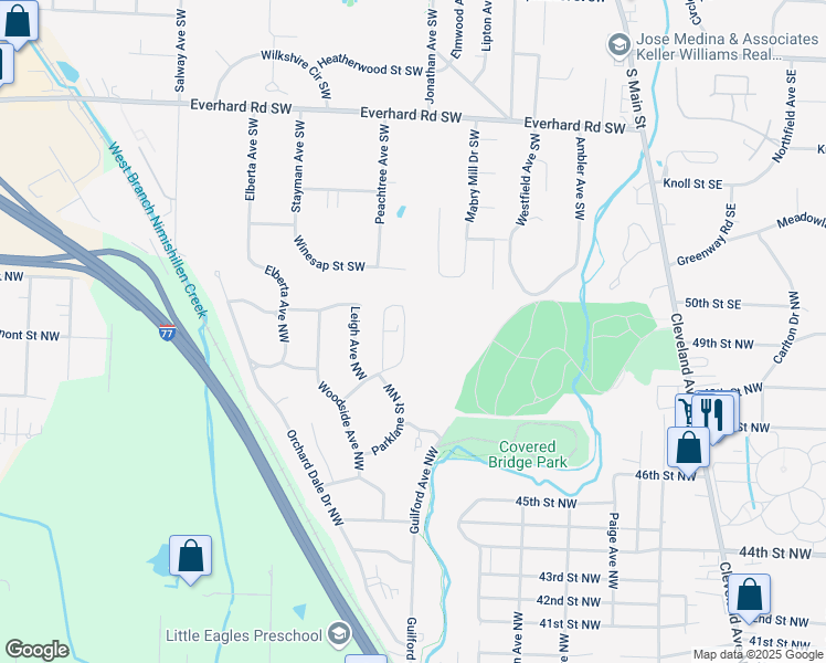 map of restaurants, bars, coffee shops, grocery stores, and more near 2932 Treeside Street Northwest in Canton