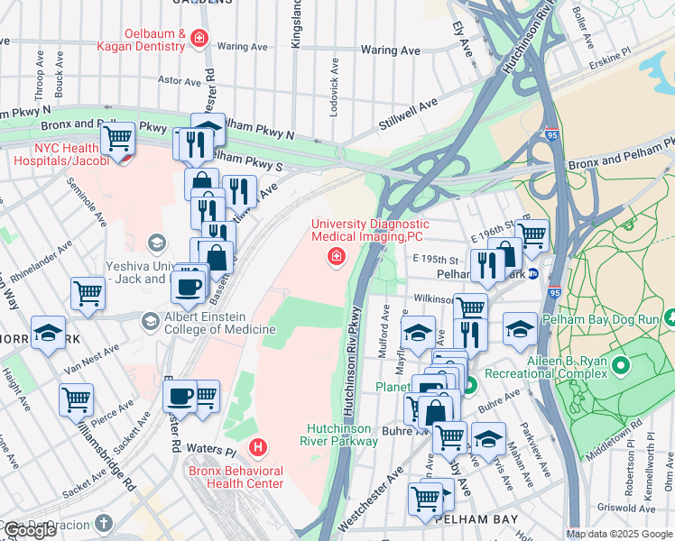 map of restaurants, bars, coffee shops, grocery stores, and more near 1500 Waters Place in Bronx