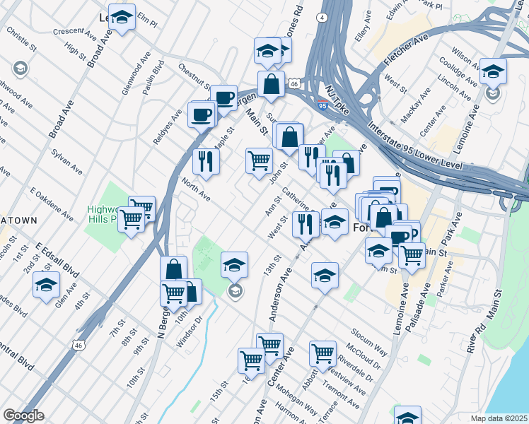 map of restaurants, bars, coffee shops, grocery stores, and more near 1578 Ann Street in Fort Lee