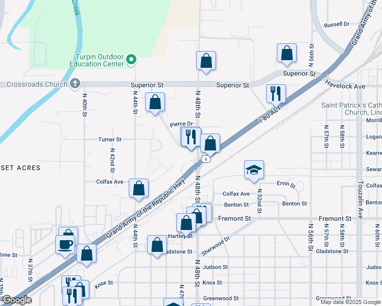 map of restaurants, bars, coffee shops, grocery stores, and more near 3939 North 48th Street in Lincoln