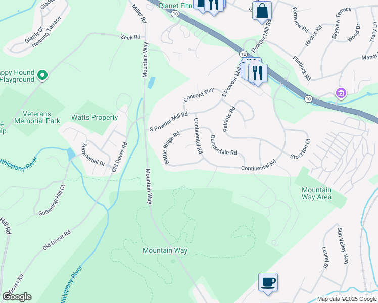 map of restaurants, bars, coffee shops, grocery stores, and more near 6 Battle Ridge Road in Morris Plains
