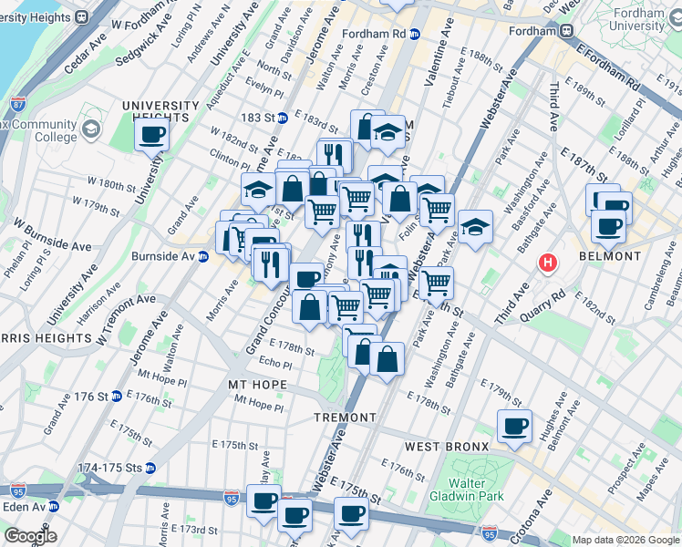 map of restaurants, bars, coffee shops, grocery stores, and more near in The Bronx