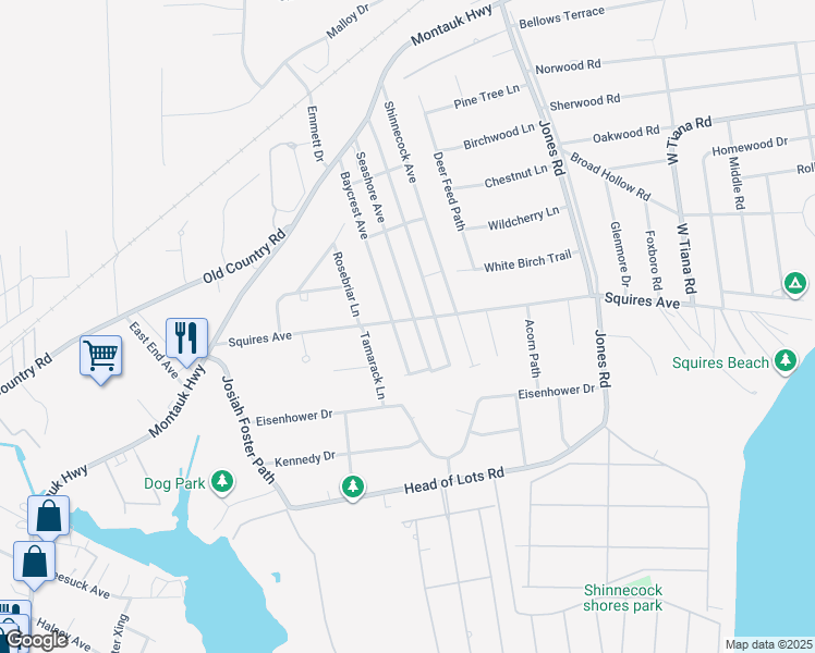 map of restaurants, bars, coffee shops, grocery stores, and more near 42 Baycrest Avenue in East Quogue