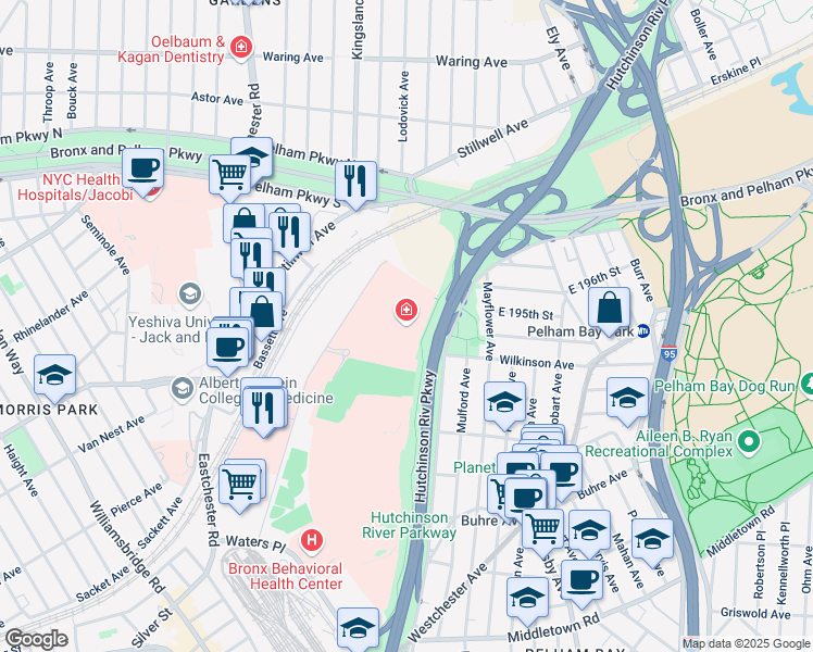 map of restaurants, bars, coffee shops, grocery stores, and more near 1200 Waters Place in The Bronx