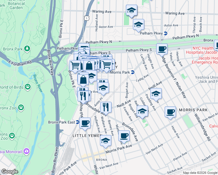 map of restaurants, bars, coffee shops, grocery stores, and more near 775 Bradey Avenue in Bronx