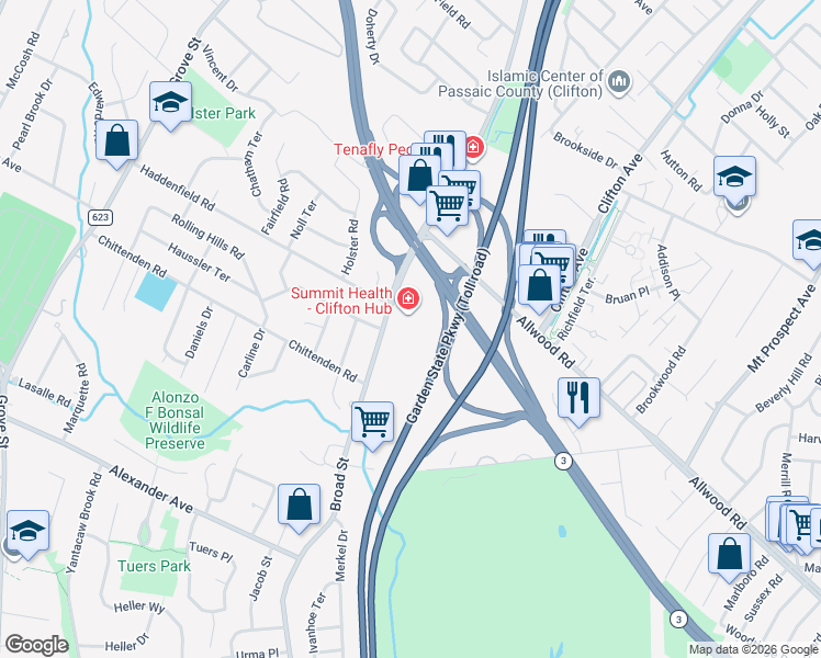 map of restaurants, bars, coffee shops, grocery stores, and more near 1255 Broad Street in Clifton
