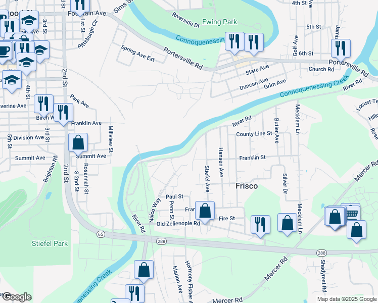 map of restaurants, bars, coffee shops, grocery stores, and more near River Road in Ellwood City